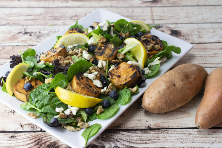 Grilled vegetarian salads featuring sweetpotatoes are summer staples